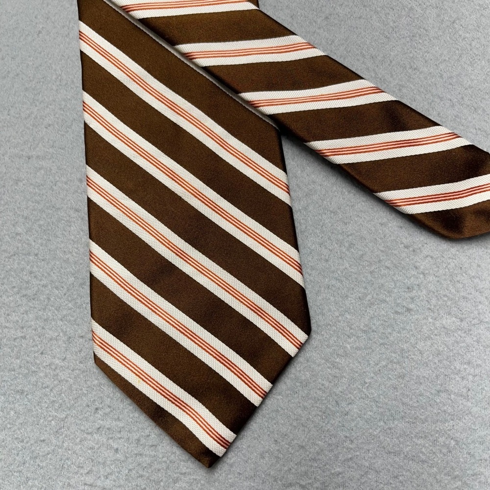 Brooks‎ Brothers Golden shiny Silk Tie Brown White Orange Striped Handmade USA